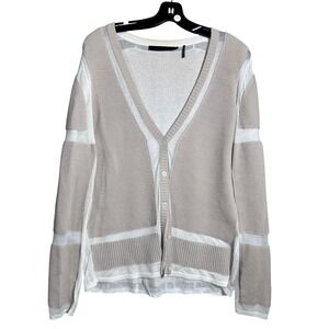 LAMB Gwen Stefani y2k Beige Knit Layer Sheer Panel V Neck Cardigan Sweater